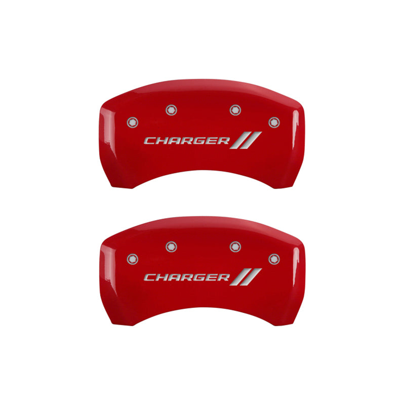 MGP 12162SCH1RD FITS 4 Caliper Covers Engraved Front & Rear With stripes/Charger Red finish silver ch