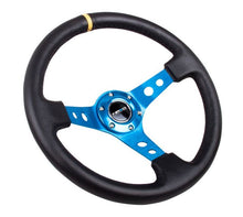 Load image into Gallery viewer, NRG Reinforced Steering Wheel (350mm / 3in. Deep) Blk Leather w/Blue Cutout Spoke &amp; Single Yellow CM - free shipping - Fastmodz