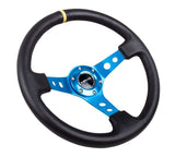 NRG RST-006BL-Y - Reinforced Steering Wheel (350mm / 3in. Deep) Blk Leather w/Blue Cutout Spoke & Single Yellow CM