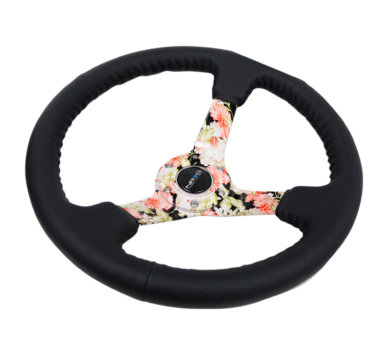 NRG RST-036FL-R - Reinforced Steering Wheel (350mm / 3in. Deep) Blk Leather Floral Dipped w/ Blk Baseball Stitch