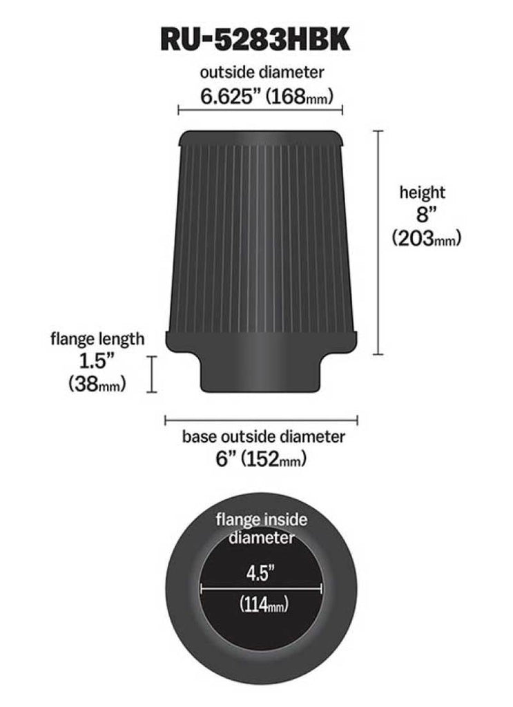 K&N Engineering RU-5283HBK - K&N Universal Rubber Filter-Round Tapered 4.5in Flange ID x 8in Base OD x 6.625in Top OD x 8in H