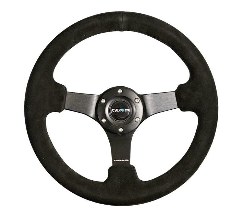 NRG RST-033BK-S - Reinforced Steering Wheel (330mm / 3in Deep) Blk Suede w/Criss Cross Stitch w/Blk 3-Spoke Center