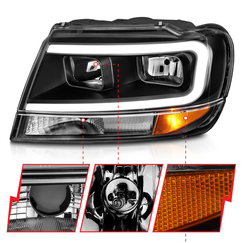 ANZO 111537 FITS 99-04 Jeep Grand Cherokee Crystal Headlightsw/ Light Bar Black Housing
