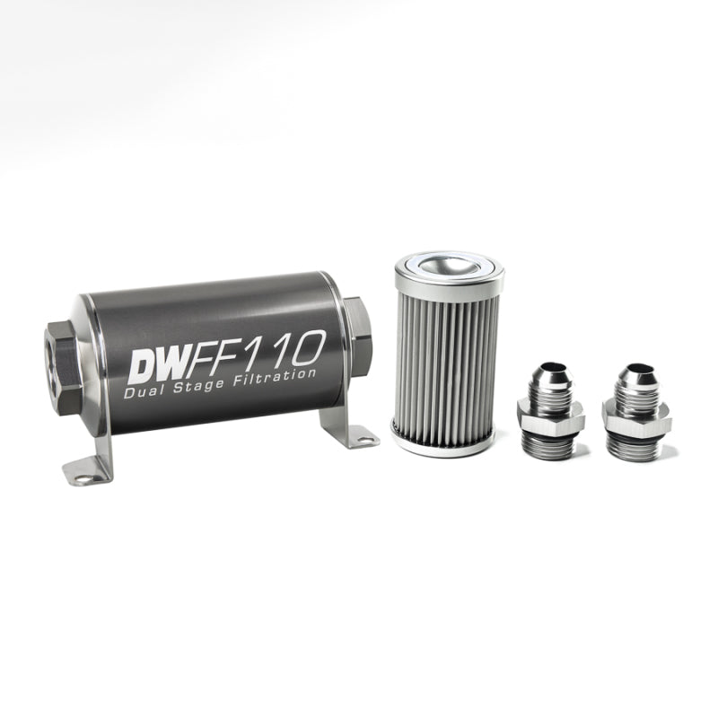 DeatschWerks 8-03-110-010K-8 - Stainless Steel 8AN 10 Micron Universal Inline Fuel Filter Housing Kit (110mm)