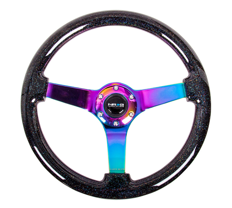 NRG RST-036BSB-MC - Reinforced Steering Wheel (350mm / 3in. Deep) Classic Blk Sparkle w/4mm Neochrome 3-Spoke Center