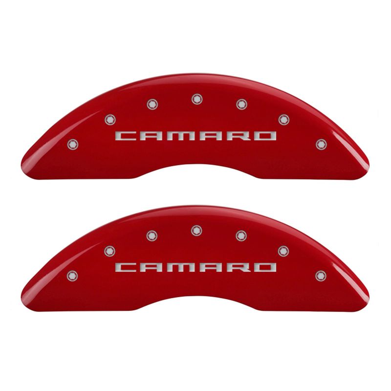 MGP 14241SCS5RD - 4 Caliper Covers Engraved Front Gen 5/Camaro Engraved Rear Gen 5/SS Red finish silver ch