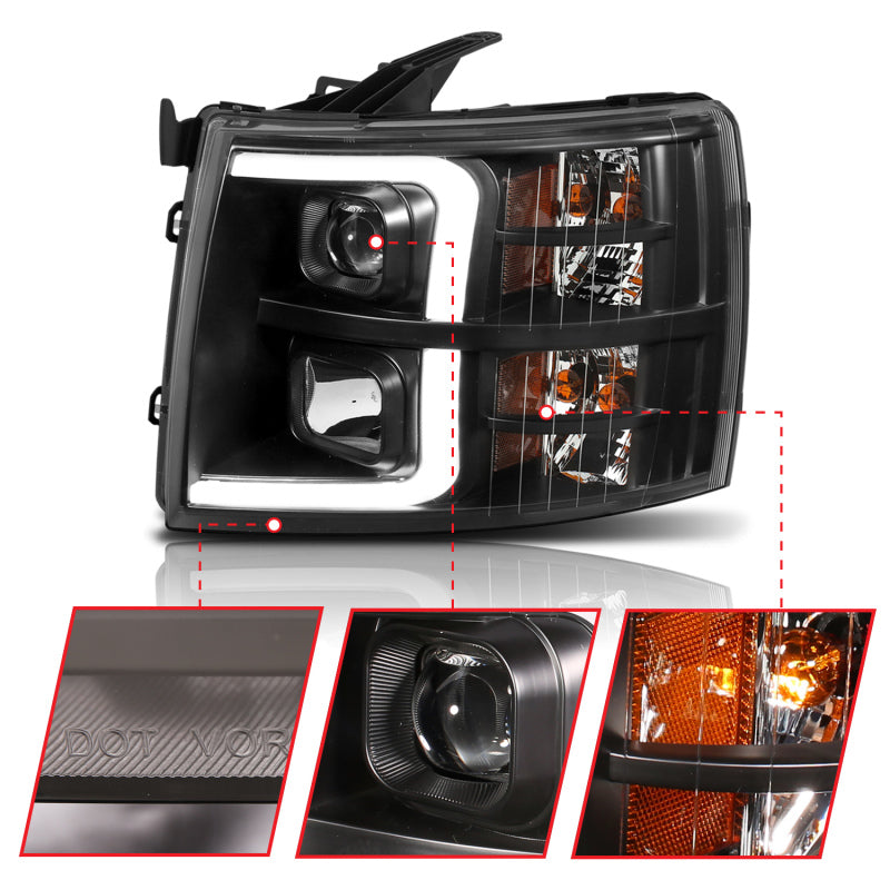 ANZO - [product_sku] - ANZO 07-13 Chevrolet Silverado 1500 Plank Style Projector Headlights Black w/ Amber - Fastmodz