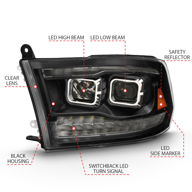 ANZO 111464 FITS: 2009-2018 Dodge Ram 1500 Led Projector Plank Style Switchback H.L Halo Black Amber (OE Style)