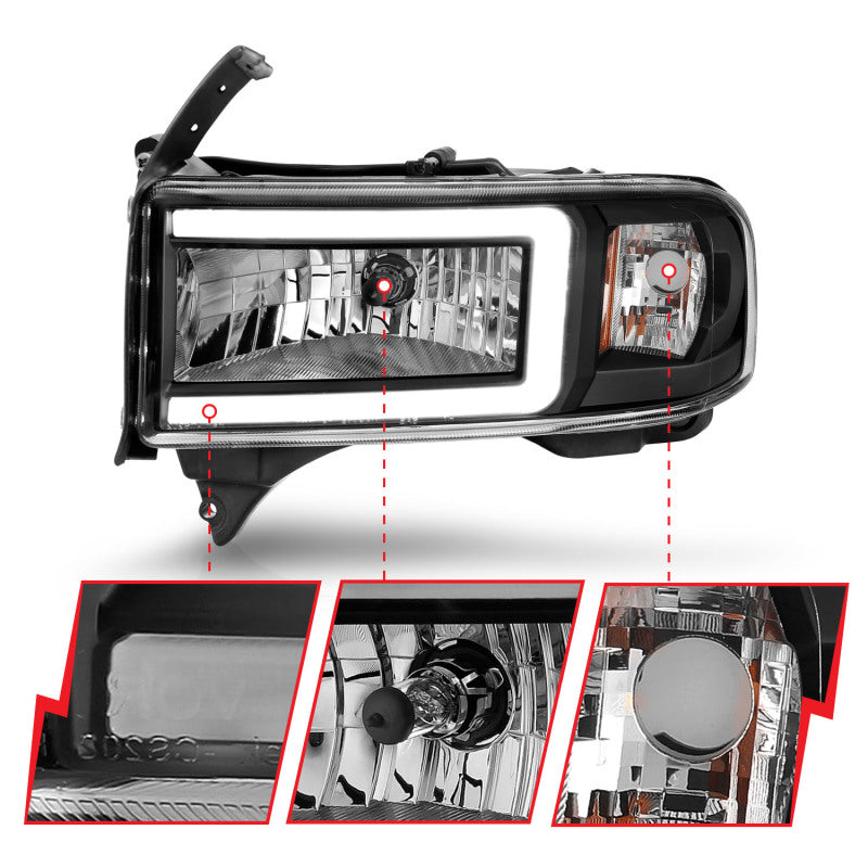 ANZO 111554 FITS 111554 - FITS: 94-02 Dodge RAM Crystal Headlightw/ Light Bar Black Housing