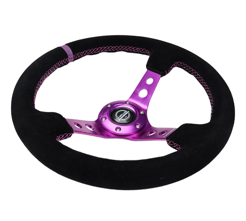 NRG RST-006S-PP - Reinforced Steering Wheel (350mm / 3in. Deep) Black Suede w/Purple Center & Purple Stitching