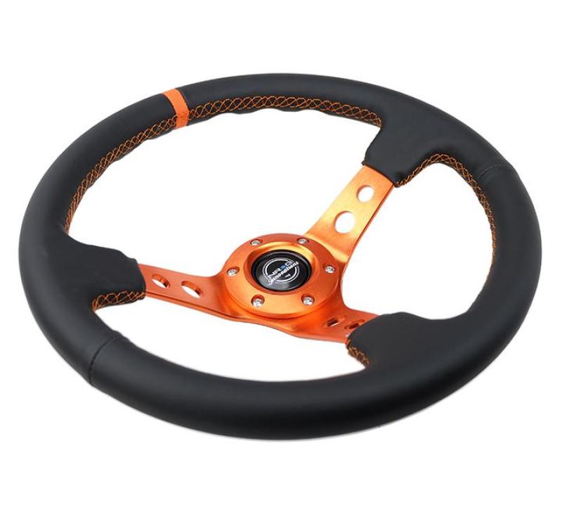 NRG RST-006OR - Reinforce Steering Wheel (350mm / 3in. Deep) Blk Leather, Orange Center Mark w/ Orange Stitching