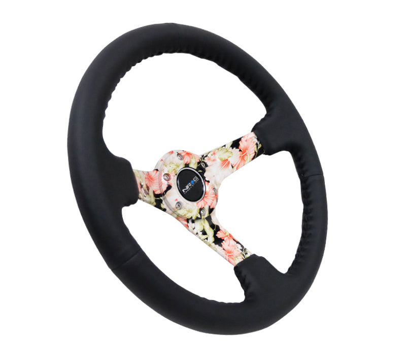 NRG RST-036FL-R - Reinforced Steering Wheel (350mm / 3in. Deep) Blk Leather Floral Dipped w/ Blk Baseball Stitch