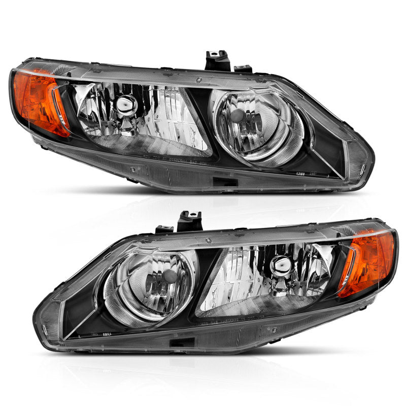 ANZO 121547 -  FITS: 2006-2011 Honda Civic 4 Door Crystal Headlight Black Amber (OE Replacement)