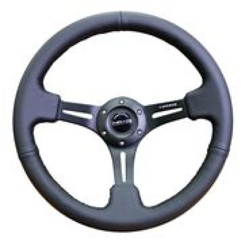 NRG Reinforced Steering Wheel (350mm / 3in. Deep) Black Leather w/ Black Stitching - free shipping - Fastmodz