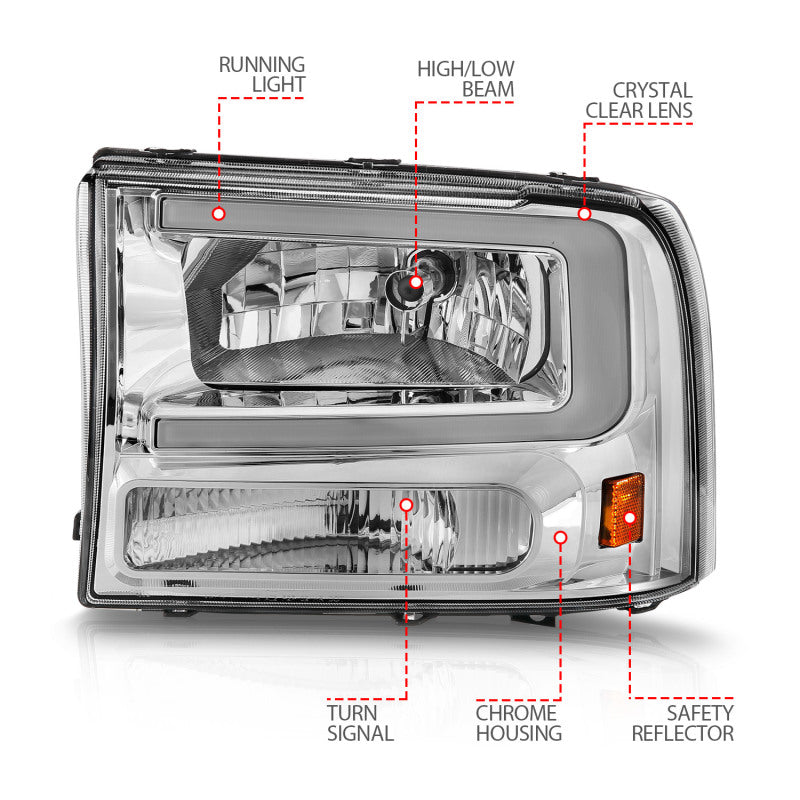 ANZO 111550 FITS 111550 FITS 99-04 Ford F250/F350/F450/Excursion (excl. 99) Crystal Headlightsw/ Light Bar Chrome Housing