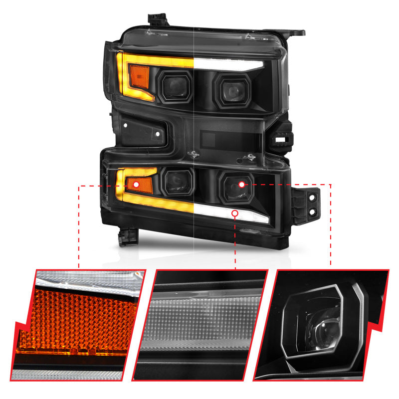 ANZO 111566-R FITS 19-22 Chevrolet Silverado 1500 LED Proj HL w/Lgt Bar SwBk Seq. Blk w/In. LightPassenger Side