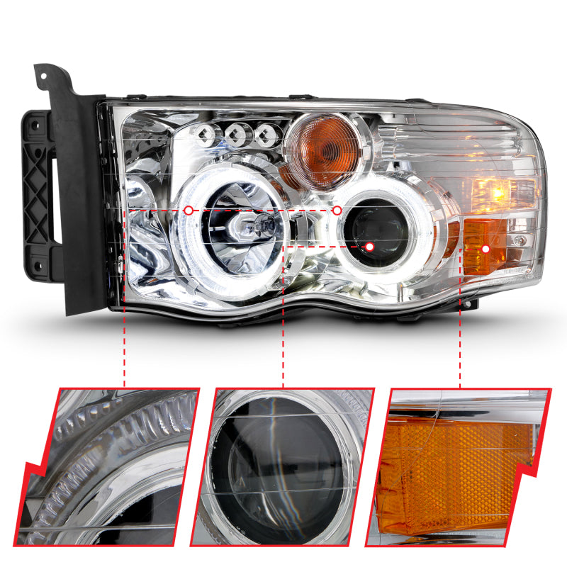 ANZO 111491 -  FITS: 2002-2005 Dodge Ram 1500 Projector Headlights w/ Halo Chrome Clear Amber