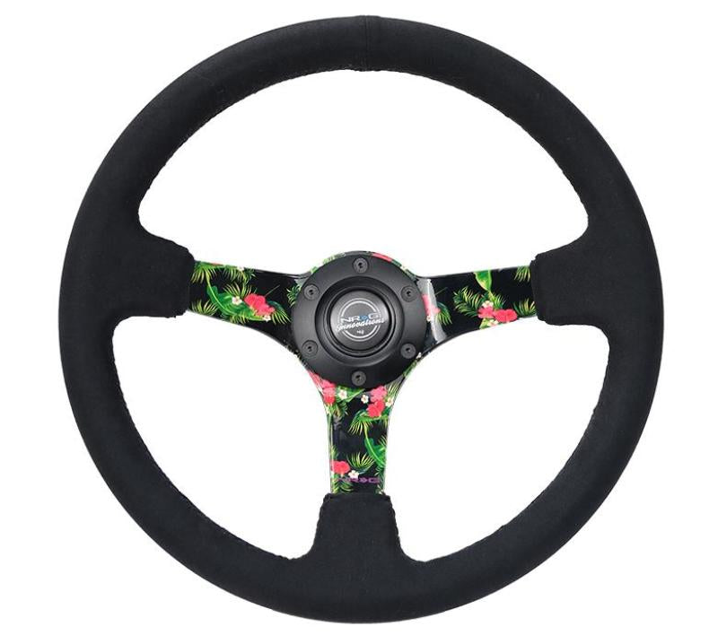 NRG RST-036TROP-S - Reinforced Steering Wheel (350mm / 3in. Deep) Black Suede w/ 5mm Floral 3-Spoke Center