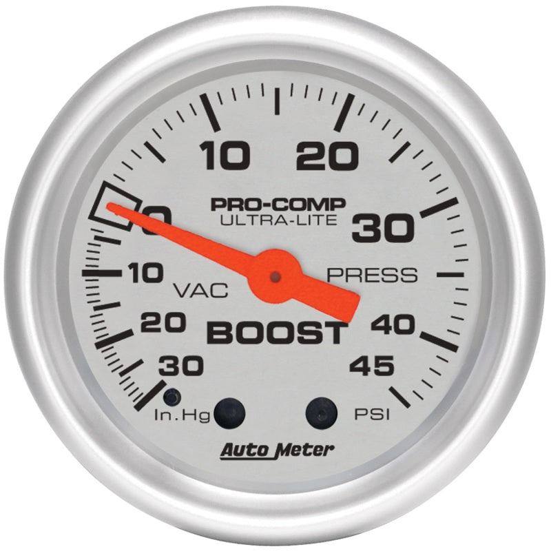AutoMeter 4308 - Autometer Ultra-Lite 52mm 30 IN HG/45 PSI Mechanical Boost/Vacuum Gauge