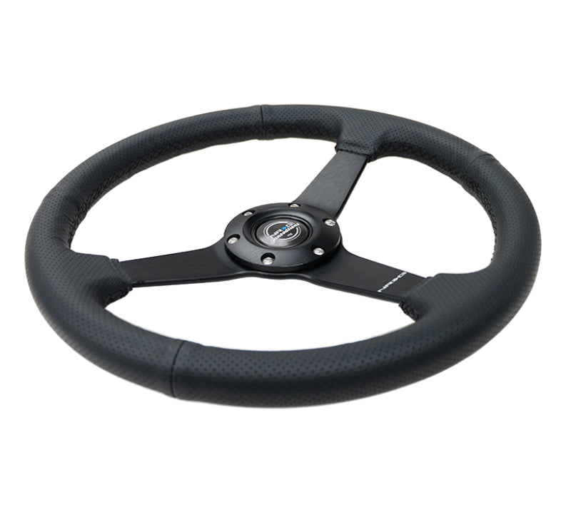 NRG RST-037MB-PR - Sport Steering Wheel (350mm / 1.5in Deep) Black Leather Black Stitch w/Matte Black Solid Spokes