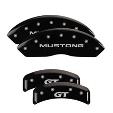 Load image into Gallery viewer, MGP 10095SMG1BK FITS 4 Caliper Covers Engraved Front Mustang Engraved Rear SN95/GT Black finish silver ch