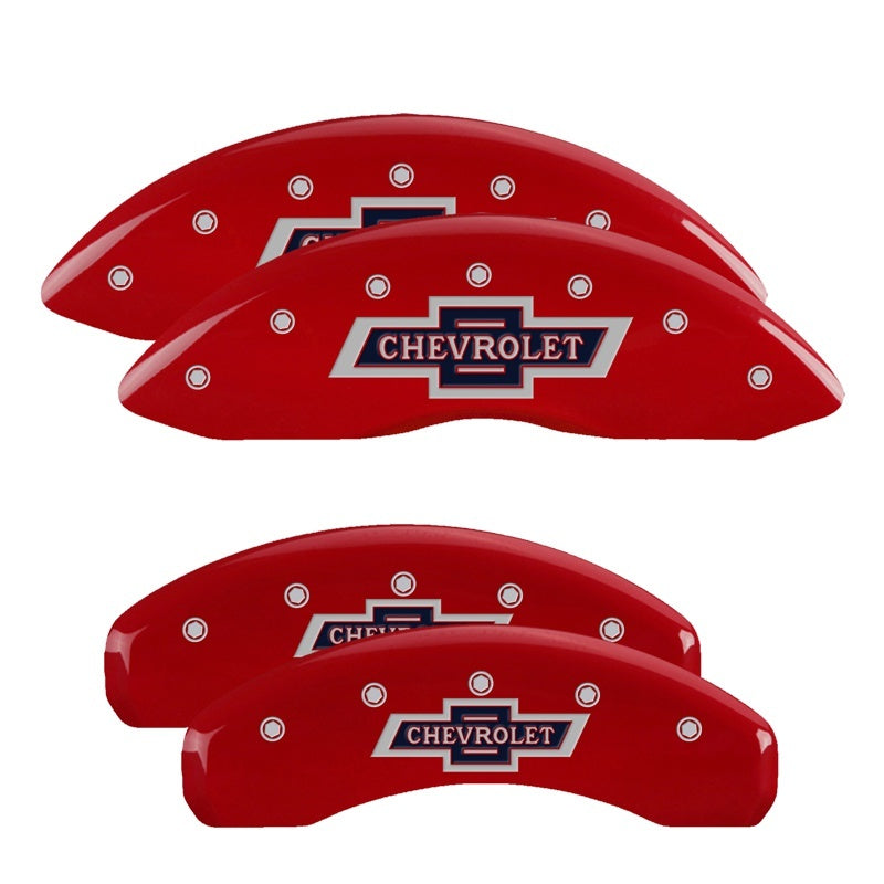 MGP 14252SBANRD - 4 Caliper Covers Engraved F & R 100 Anniversary Red Finish Silver Char 2019 Chevy Silverado 1500