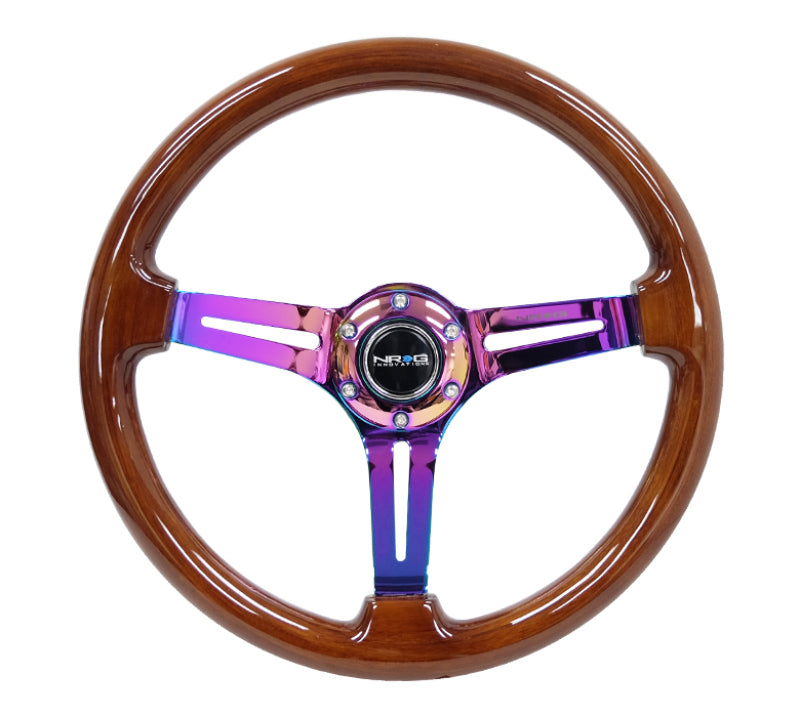 NRG Reinforced Steering Wheel (350mm / 3in. Deep) Brown Wood w/Blk Matte Spoke/Neochrome Center Mark - free shipping - Fastmodz