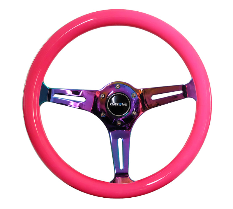 NRG ST-015MC-NPK - Classic Wood Grain Steering Wheel (350mm) Neon Pink Painted Grip w/Neochrome 3-Spoke Center