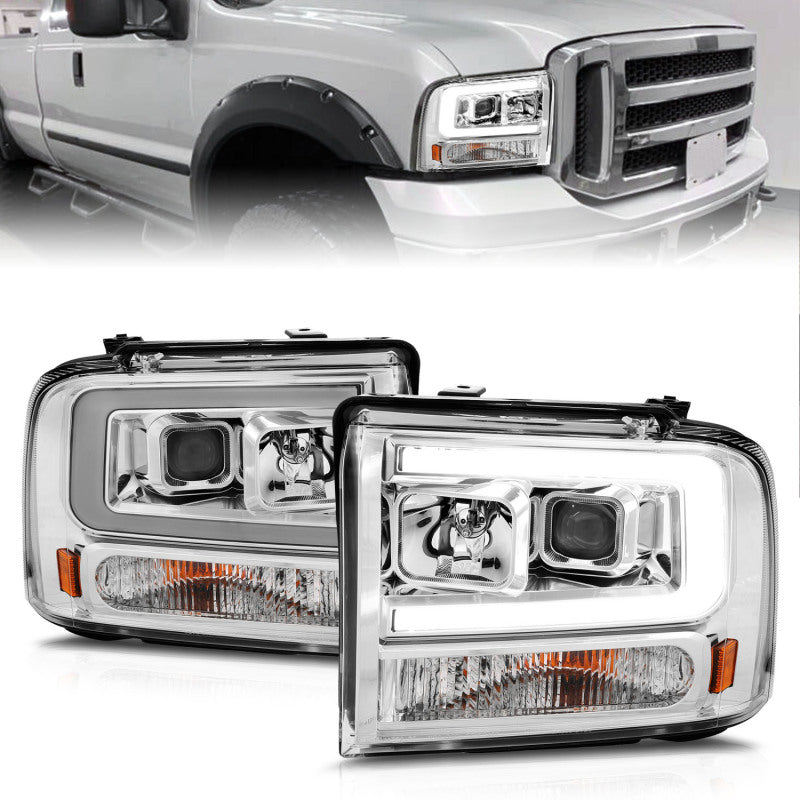 ANZO 111552 FITS 99-04 Ford F250/F350/F450/Excursion (excl 99) Projector Headlightsw/Light Bar Chrome Housing