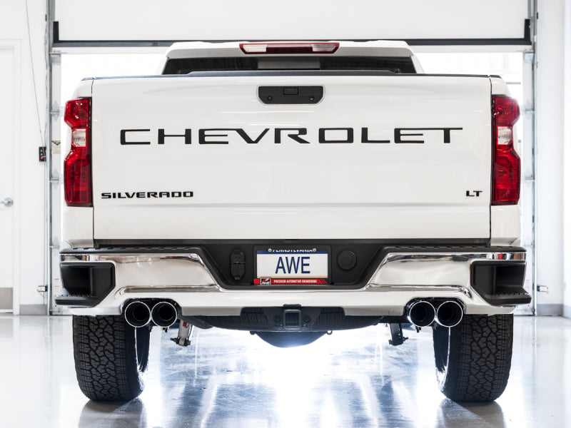 AWE Tuning 3015-42203 FITS 4th Gen GM 1500 6.2L 0FG Catback Split Rear Exit (w/ Bumper Cutouts) - Quad Chrome Tips