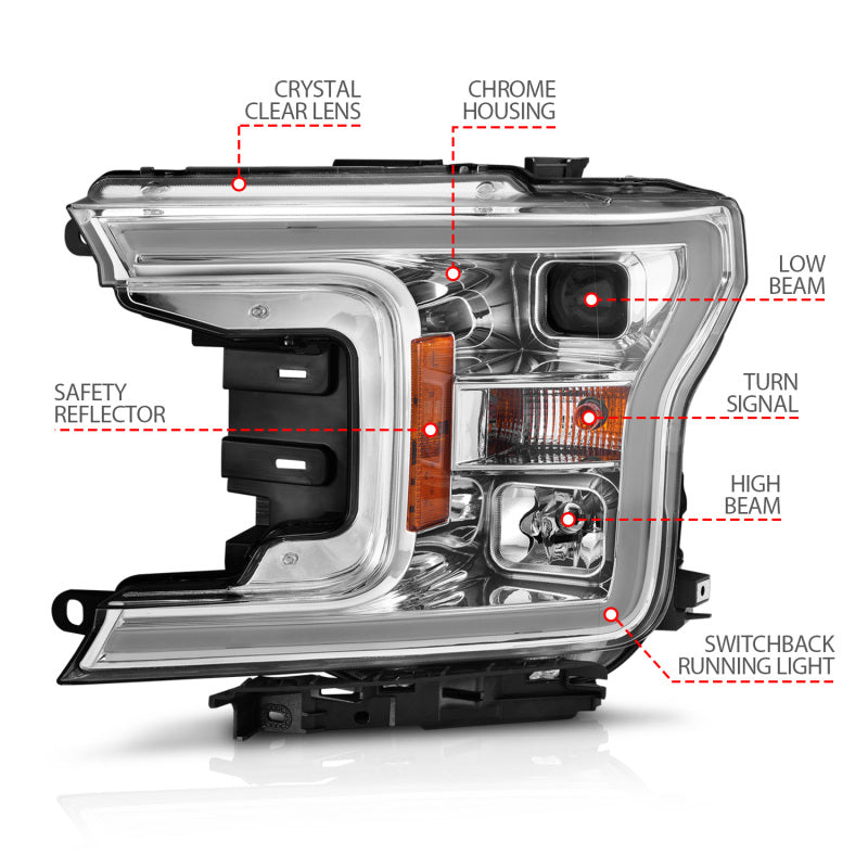 ANZO 111510 -  FITS: 2018-2020 Ford F-150 Projector Headlight w/Plank Style Switchback Chrome Housing