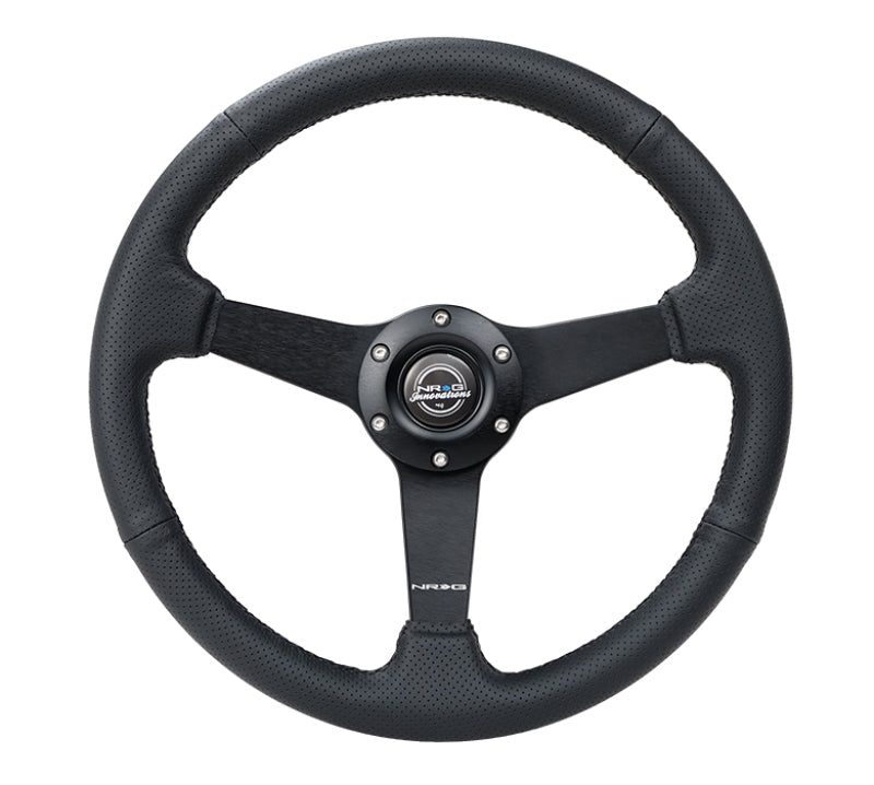 NRG RST-037MB-PR - Sport Steering Wheel (350mm / 1.5in Deep) Black Leather Black Stitch w/Matte Black Solid Spokes