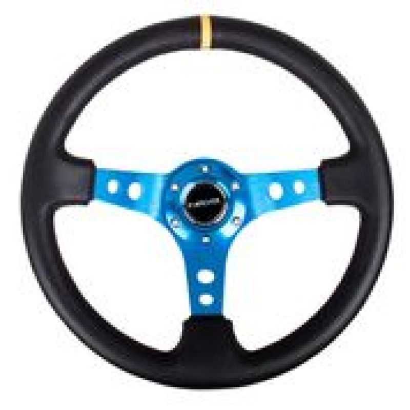 NRG Reinforced Steering Wheel (350mm / 3in. Deep) Blk Leather w/Blue Cutout Spoke & Single Yellow CM - free shipping - Fastmodz