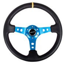 Load image into Gallery viewer, NRG Reinforced Steering Wheel (350mm / 3in. Deep) Blk Leather w/Blue Cutout Spoke &amp; Single Yellow CM - free shipping - Fastmodz