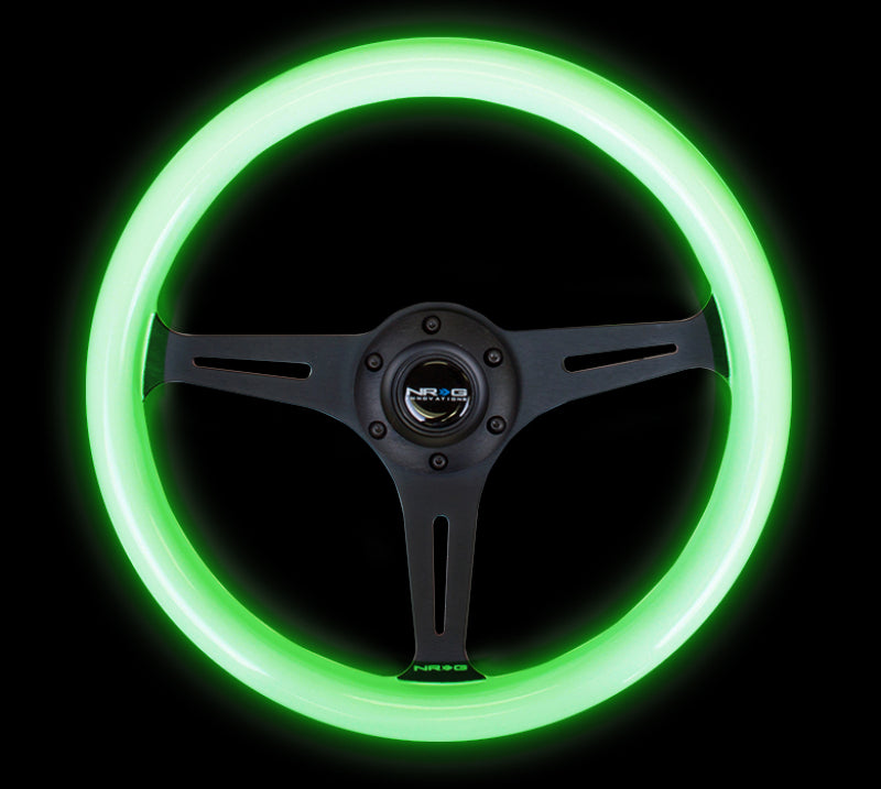 NRG ST-015BK-GL - Classic Wood Grain Steering Wheel (350mm) Glow-N-The-Dark Green Grip w/Black 3-Spoke Center