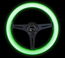 Load image into Gallery viewer, NRG ST-015BK-GL - Classic Wood Grain Steering Wheel (350mm) Glow-N-The-Dark Green Grip w/Black 3-Spoke Center