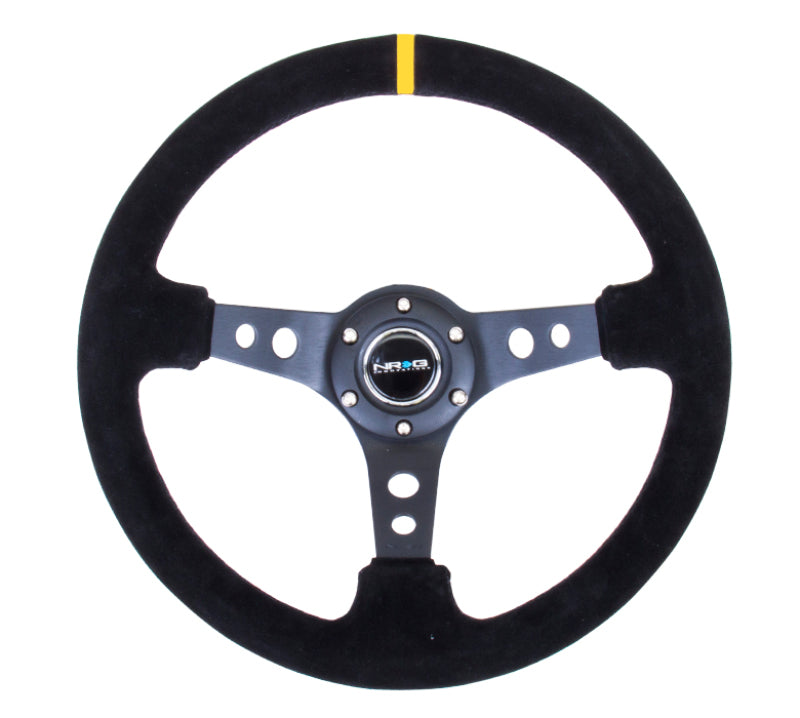 NRG RST-006S-Y - Reinforced Steering Wheel (350mm / 3in. Deep) Blk Suede w/Circle Cut Spokes & Single Yellow CM