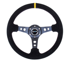 Load image into Gallery viewer, NRG RST-006S-Y - Reinforced Steering Wheel (350mm / 3in. Deep) Blk Suede w/Circle Cut Spokes &amp; Single Yellow CM