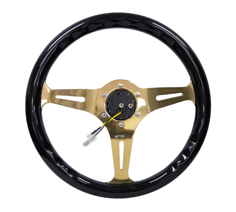 NRG ST-015CG-BK - Classic Wood Grain Steering Wheel (350mm) Black Grip w/Chrome Gold 3-Spoke Center