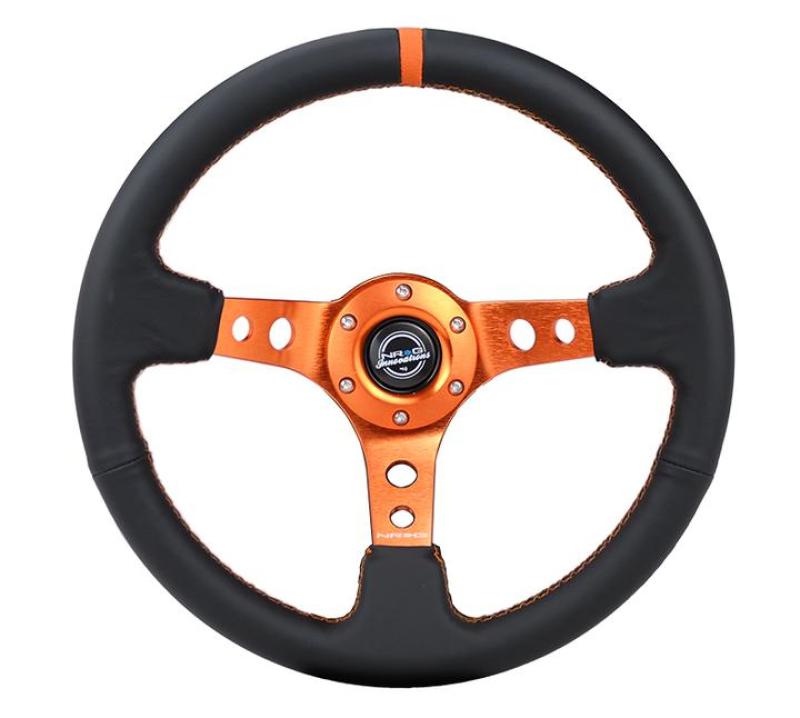 NRG RST-006OR - Reinforce Steering Wheel (350mm / 3in. Deep) Blk Leather, Orange Center Mark w/ Orange Stitching