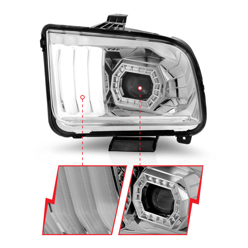 ANZO 121567 FITS 05-09 Ford Mustang (w/Factory Halogen HL Only) Projector Headlights w/Light Bar Chrome Housing