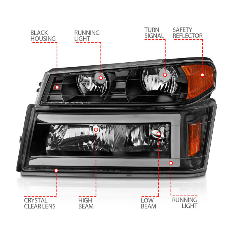 ANZO 111558 FITS 04-12 GM Colorado/Canyon/I-Series Crystal Headlightsw/ Light Bar Black Housing 4pcs