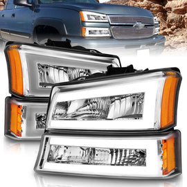ANZO 111502 FITS: 2003-2006 Chevrolet Silverado 1500 Crystal Headlights w/ Light Bar Chrome Housing