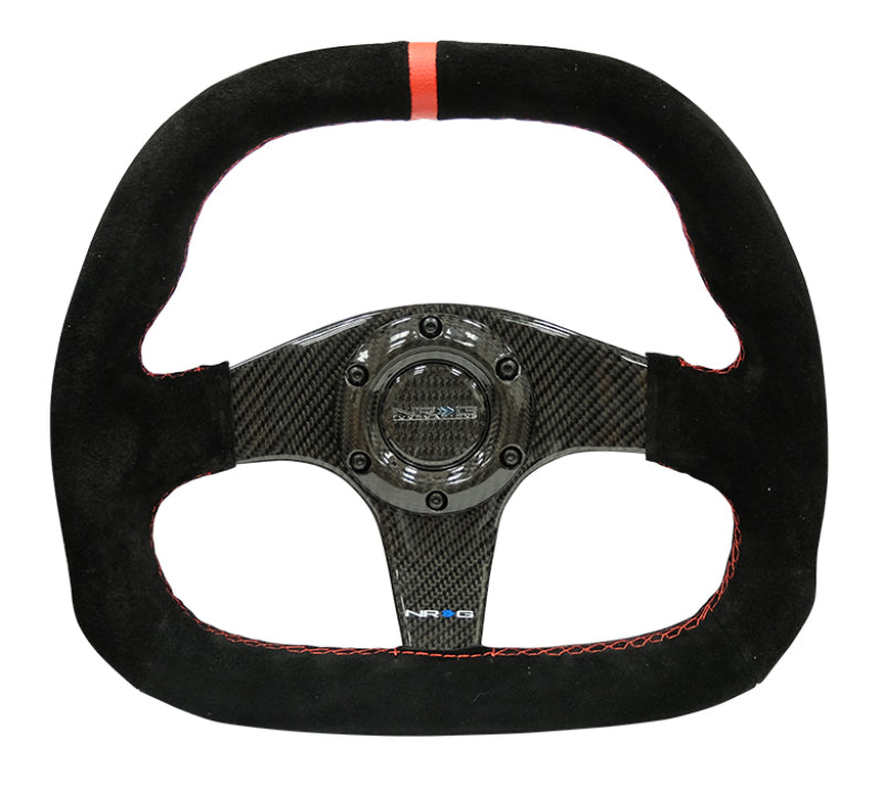 NRG ST-019CF - Carbon Fiber Steering Wheel (320mm) Flat Btm. Blk Suede/Red Stitch w/CF Spokes & Red Center Mark