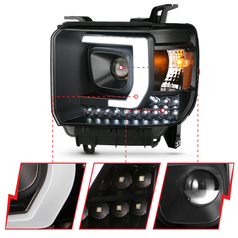 ANZO 111450 -  FITS: 2014-2015 Gmc Sierra 1500HD Projector Plank Style Headlight Black W/ Drl