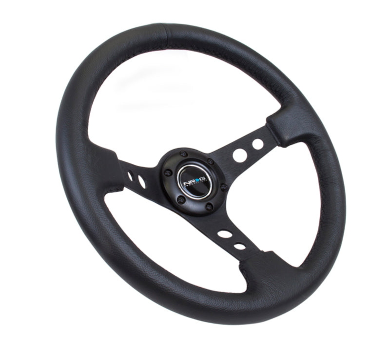 NRG Reinforced Steering Wheel (350mm / 3in. Deep) Blk Leather w/Blk Spoke & Circle Cutouts - free shipping - Fastmodz