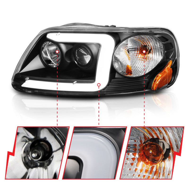 ANZO 111503 -  FITS: 1997-2003 Ford F-150 Projector Headlights w/ Light Bar Black Housing