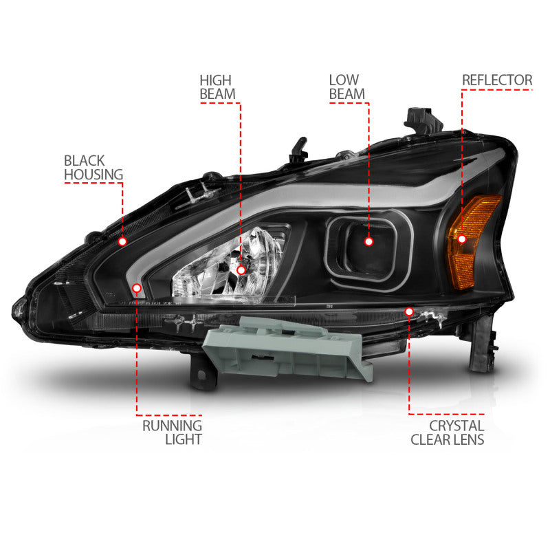 ANZO 121569 FITS 121569 FITS 13-15 Nissan Altima (w/o Factory HID Bulbs) Projector Headlightsw/ Light Bar Black Housing