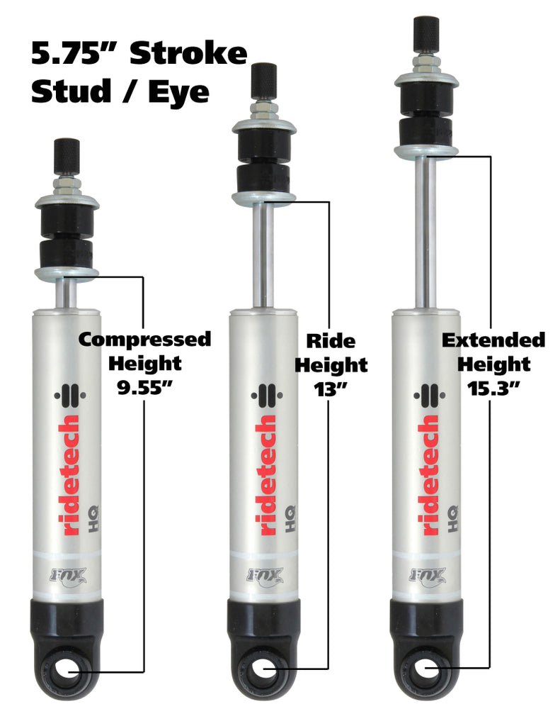 Ridetech HQ Series Shock Absorber Single Adjustable 5.75in Stroke Eye/Stud Mounting 9.55in x 15.3in