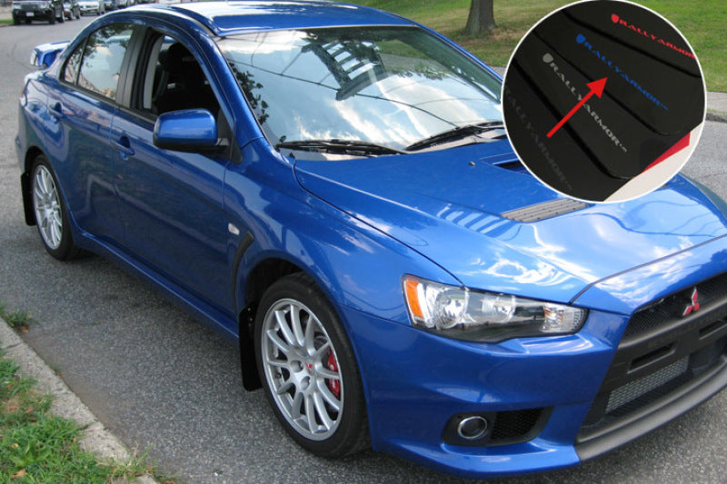 Rally Armor MF10-UR-BLK/BL FITS: 2008+ Mitsubishi EVO X UR Black Mud Flap w/ Blue Logo